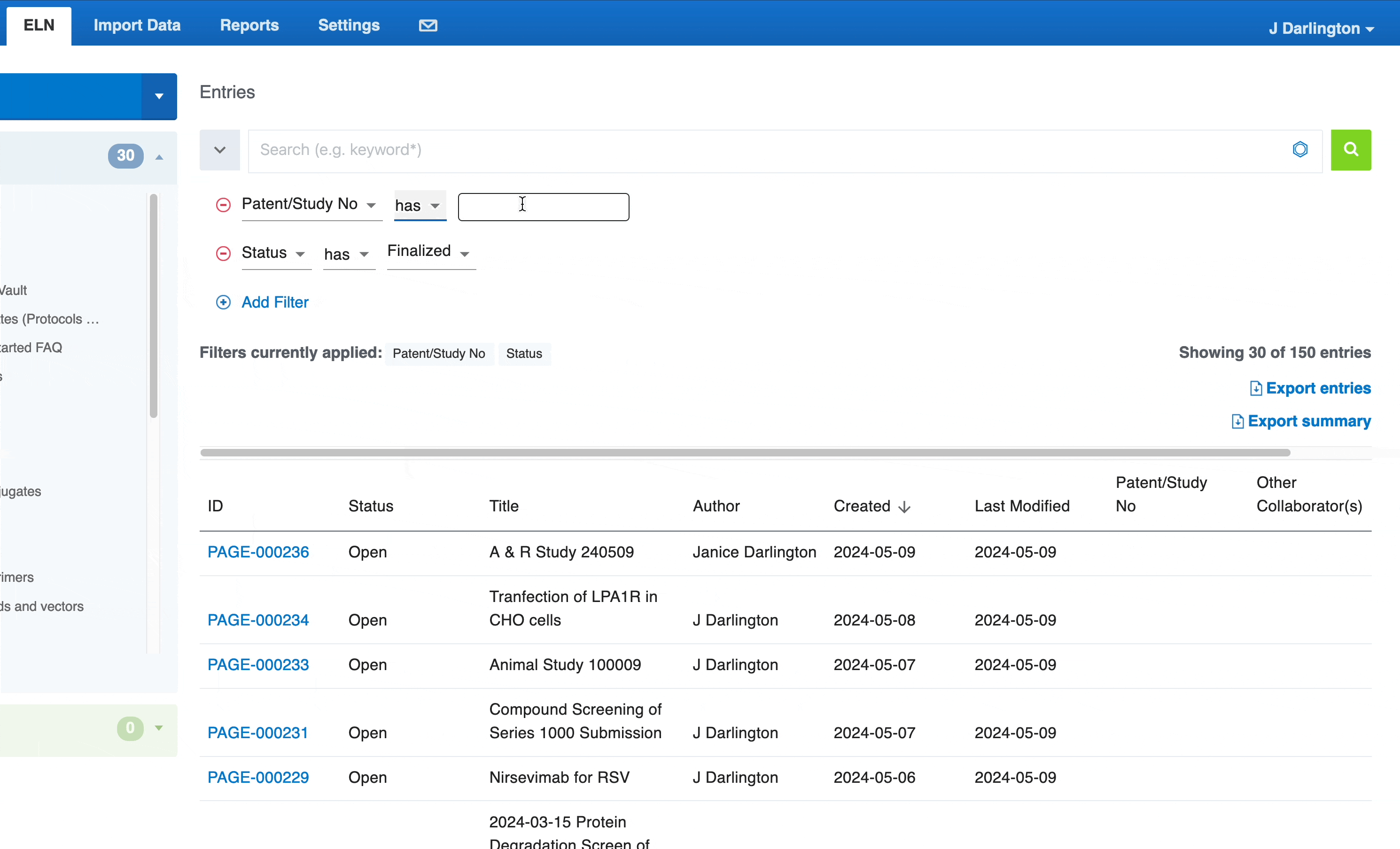 ELN Searching and filtering