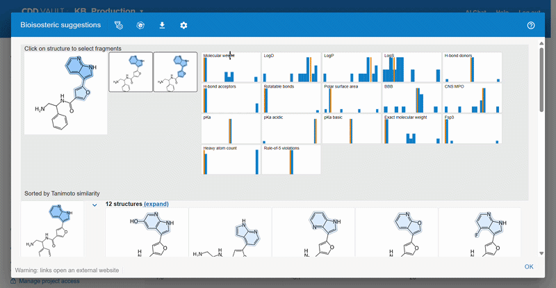 MPO scoring in the Deep Learning Similarity and Bioisosteric suggestion dialogs: