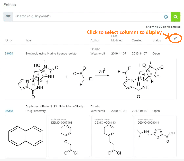 Screenshot showing how to select columns to display on ELN index page