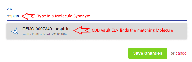 Search for Molecule Synonyms when inserting and cross-referencing structures into a CDD Vault ELN entry with the "Insert Link" button.