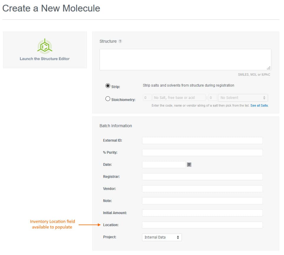 The "Inventory Location" field is now available in the data input form when manually registering new molecules.
