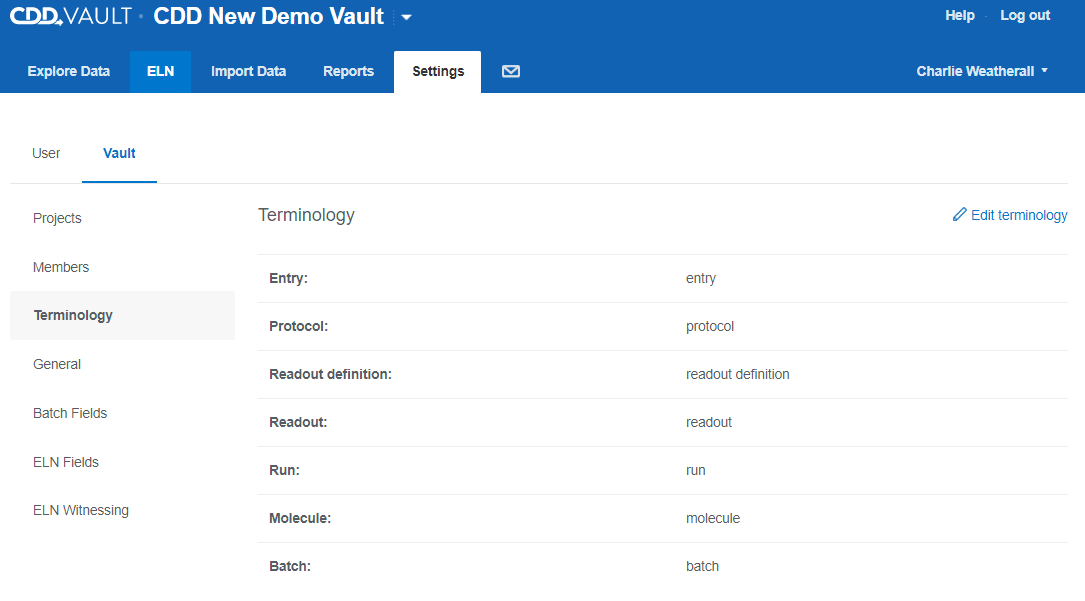 screenshot of terminology setting for vault admins