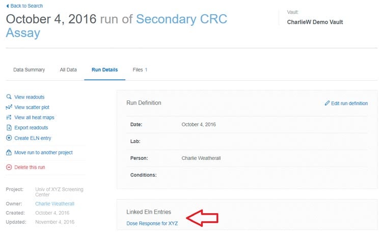 A link to your CDD Vault Object will appear in the ELN entry, and a link to the ELN entry will appear in the Batches tab for the Vault Object within Activity & Registration