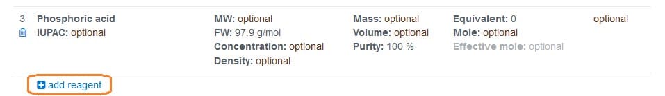Click the “add reagent” link to add components not drawn in the reaction.