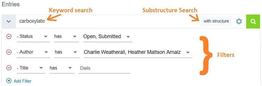 Screenshot showing keyword and substructure search together with new ELN search filters