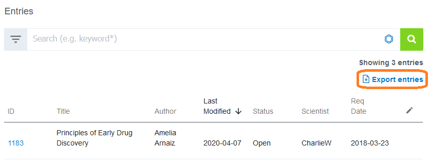 screenshot showing export entries button
