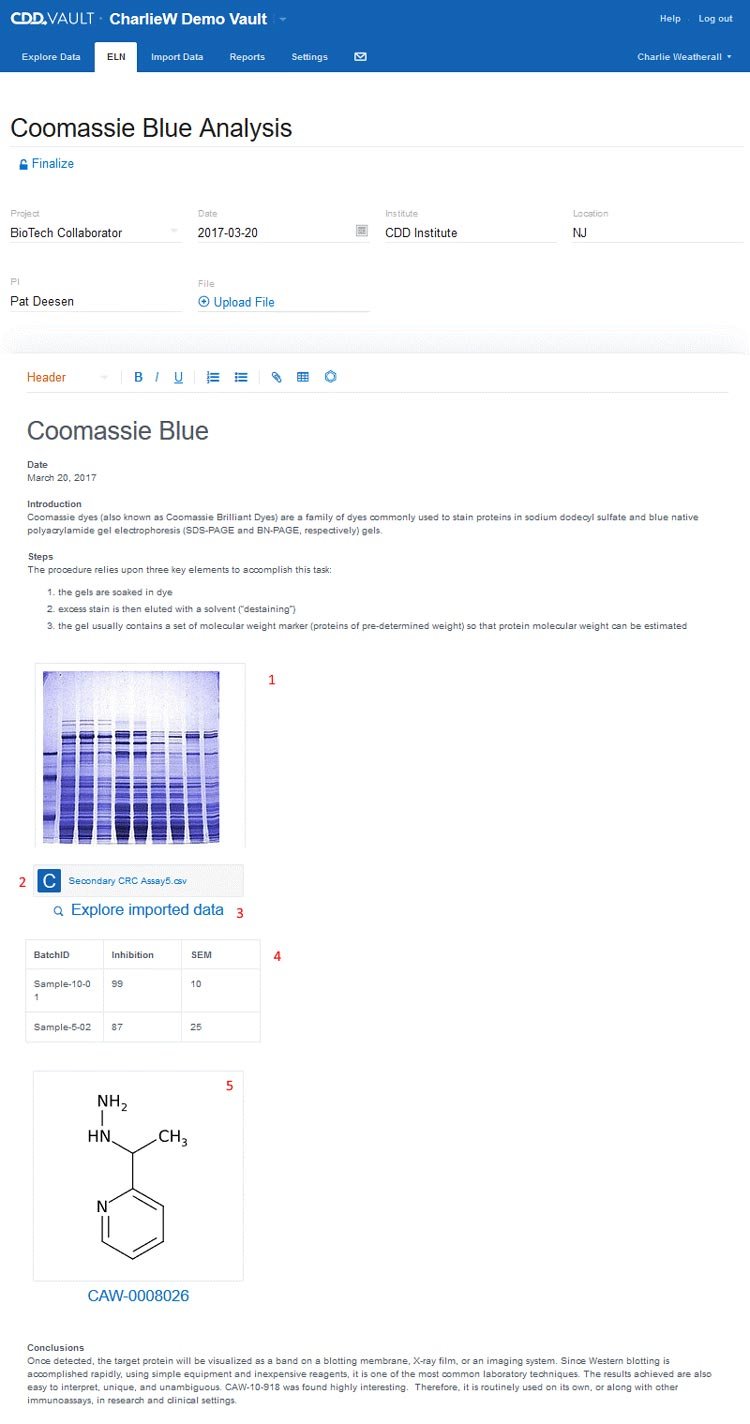 Image of a Collaborative Drug Discovery Electronic Lab Notebook (ELN) entry
