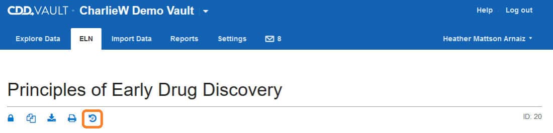 The “Audit Trail” button in the header of an ELN entry.