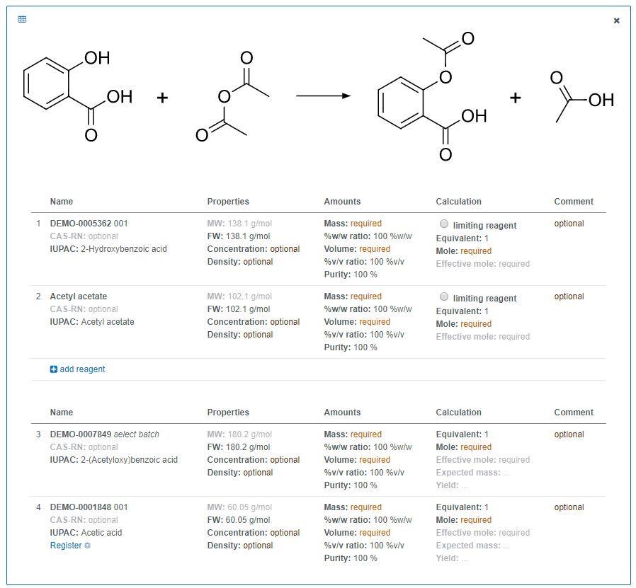 Enter details for each structure component within the interactive stoichiometry table.