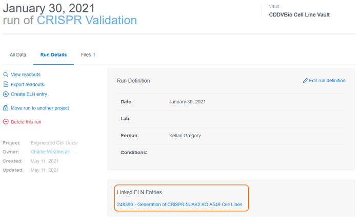 link to ELN entry in run details tab