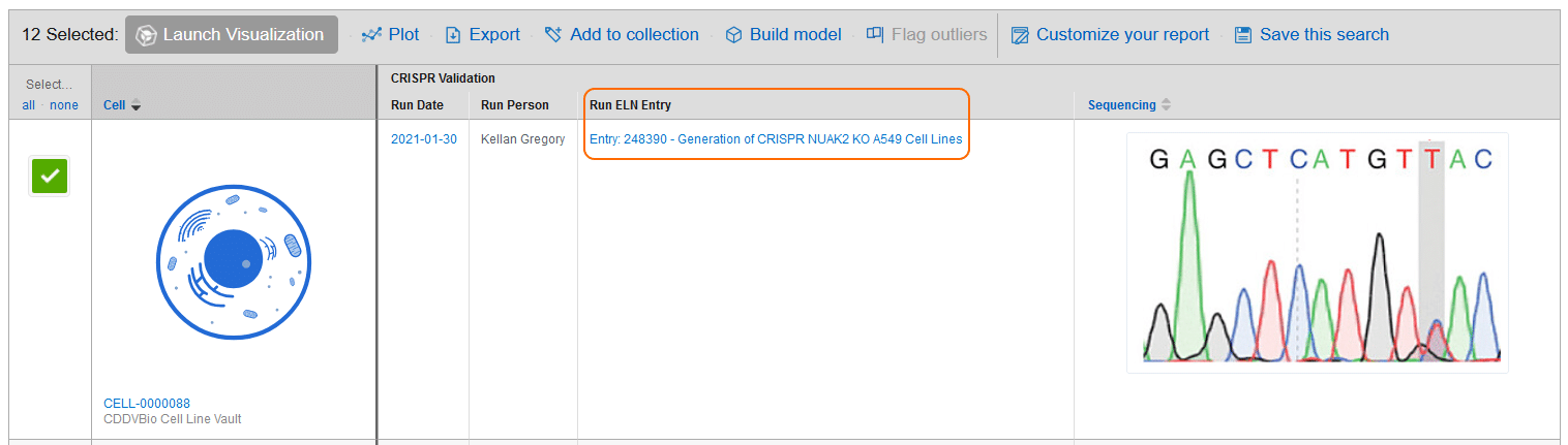 link to ELN entry in search results table