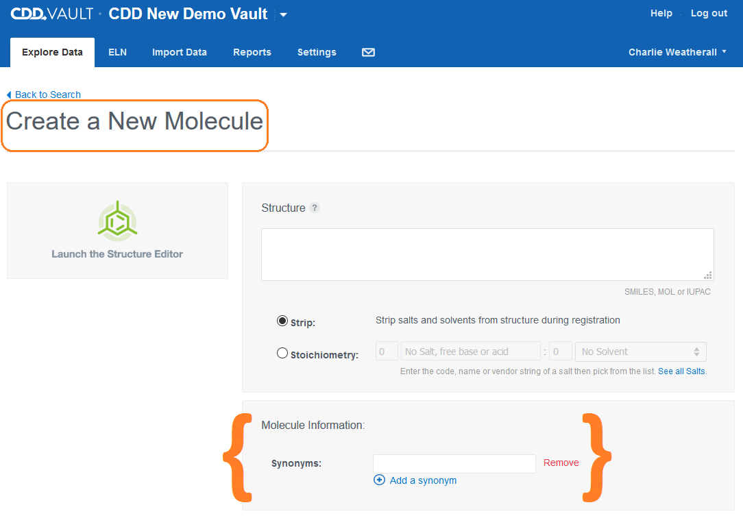 Screen grab of molecule registration entry form in CDD Vault ELN