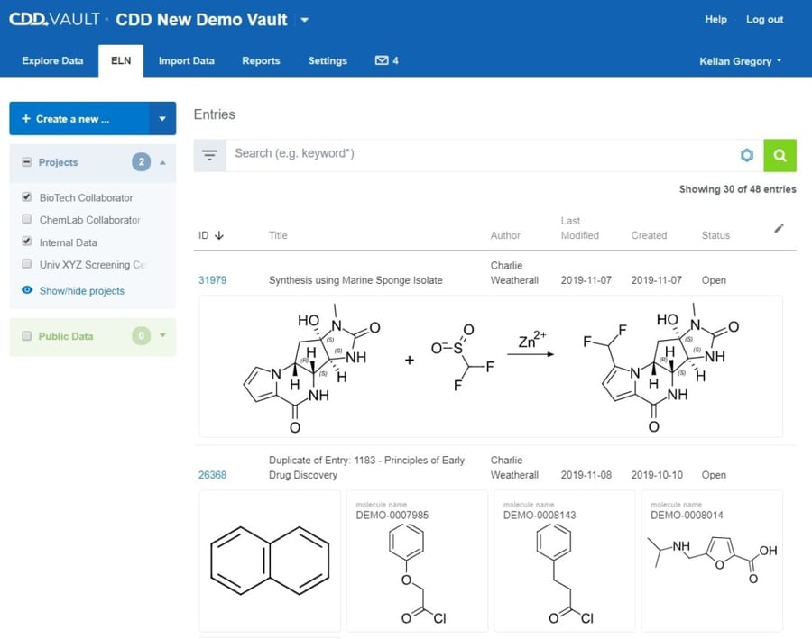 Screenshot of CDD Vault ELN showing chemical structures