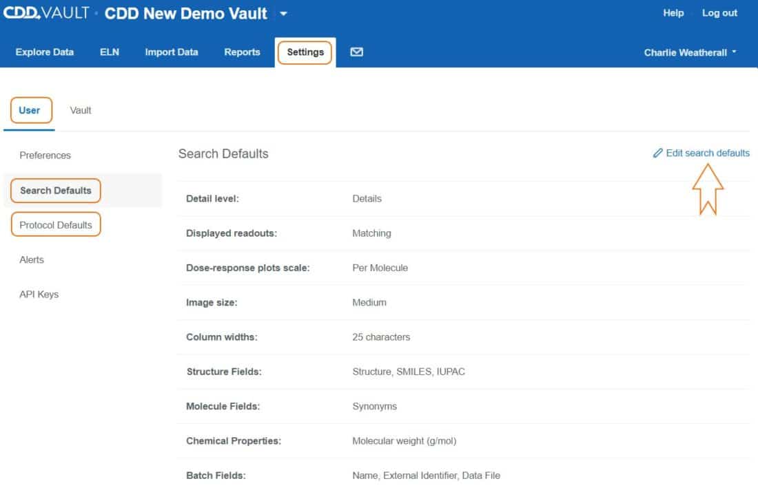 Search defaults selection screen in CDD Vault