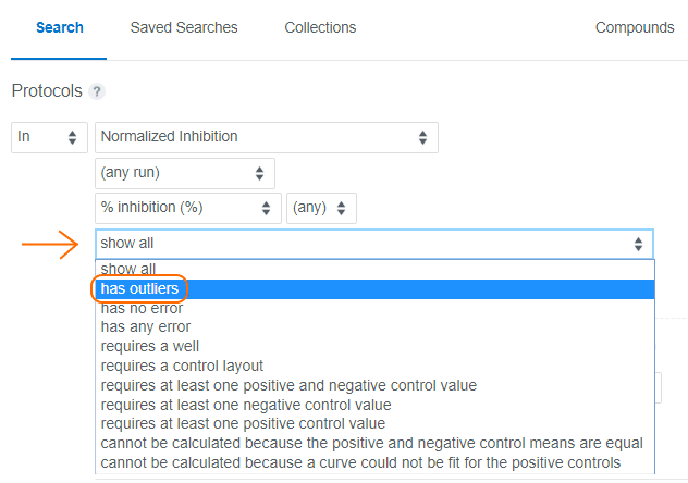 Screenshot of search dropdown menu selecting outliers
