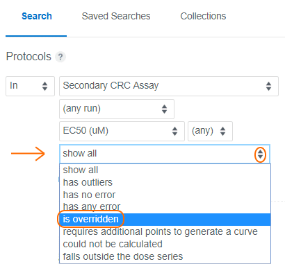Screenshot of search dropdown menu selecting "is overridden"