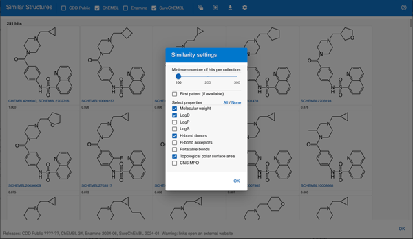 Image shows the similarity settings tab in CDD Vault's AI module