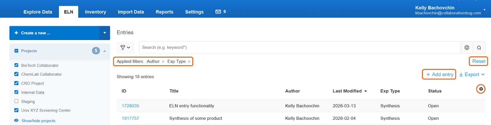 ELN Index Page Updates: