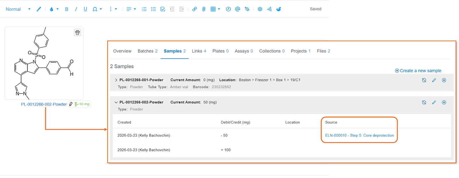 ELN Reference Automatically Linked to Inventory Events:
