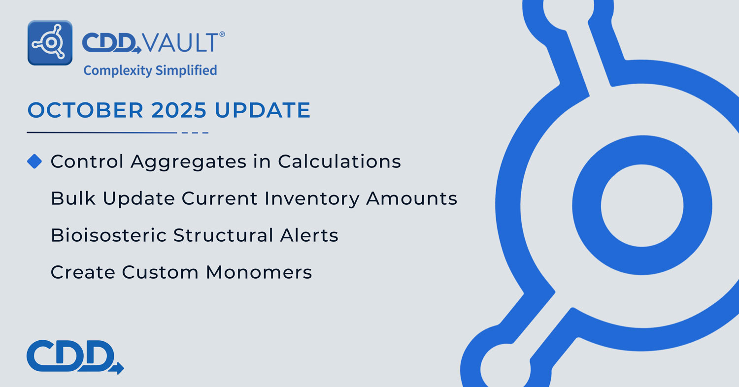 CDD Vault Update (Oct 2025): Control Aggregates in Calculations, Bulk Update Current Inventory Amounts, Bioisosteric Structural Alerts, Create Custom Monomers, Plot Updates