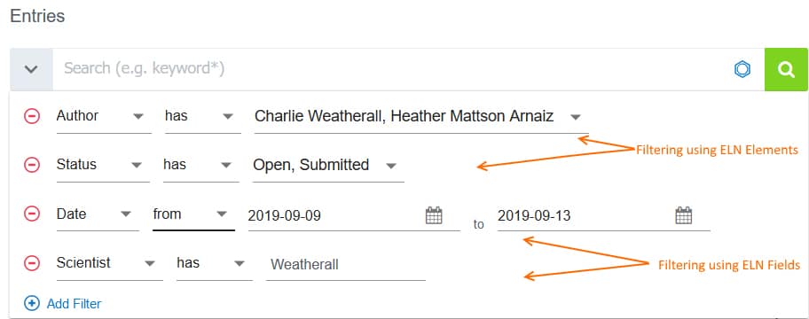 Filter ELN entries by user defined ELN fields