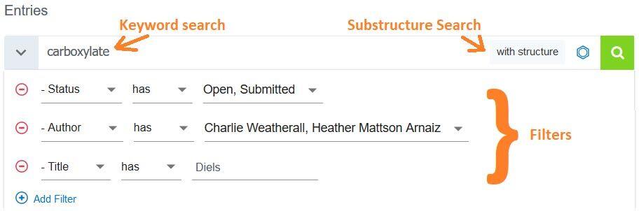 Screenshot showing keyword and substructure search together with new ELN search filters