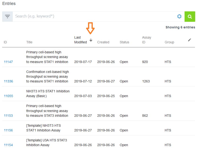 Screenshot of ELn index page illustrating how to sort column content